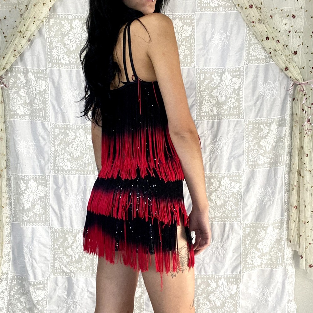 Red Black Ombre Fringe Flapper Dress Sequin Halter Gatsby Latin Dance Sz S/M - Picture 5 of 15